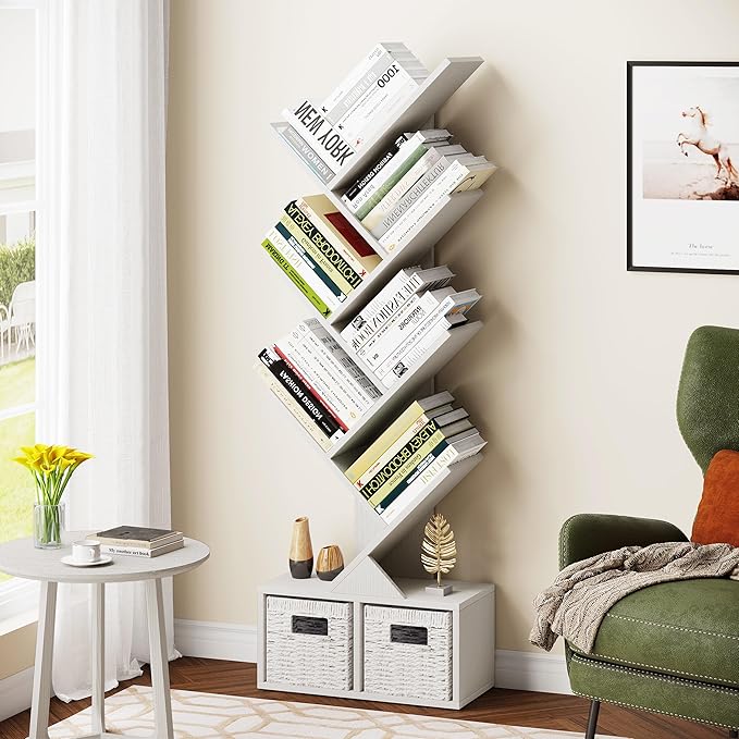 Vagusicc 6 Tier Tree Bookshelf - Modern Shelf Floor Standing Bookcase with Baskets, Tall Wood Book Storage Rack for Books/CDs, Tree Utility Book Organizer Shelves for Living Room, Home Office, Bedroom - LeafyLoom