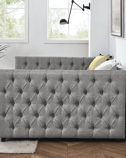 Full Size Upholstered Daybed, Pull Out with Two Storage Drawers, Solid Wood Frame Bed, Tufted Buttons and Copper Nails On Square Arms, for Bedrooms,Apartments, Grey-1 - LeafyLoom