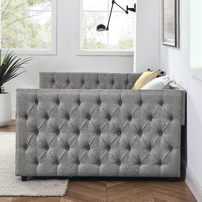 Full Size Upholstered Daybed, Pull Out with Two Storage Drawers, Solid Wood Frame Bed, Tufted Buttons and Copper Nails On Square Arms, for Bedrooms,Apartments, Grey-1 - LeafyLoom