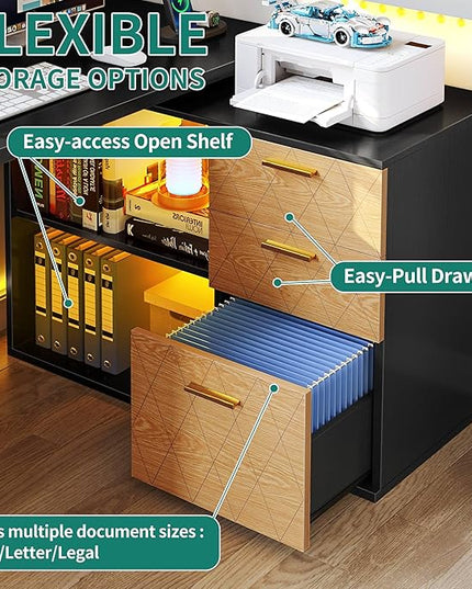 DWVO L Shaped Desk with Drawers, 59" Corner Computer Desk with Power Outlets & LED Lights, 360 Rotating Corner Desk Office Desk with Bookshelf, Wood Desk, Black - LeafyLoom