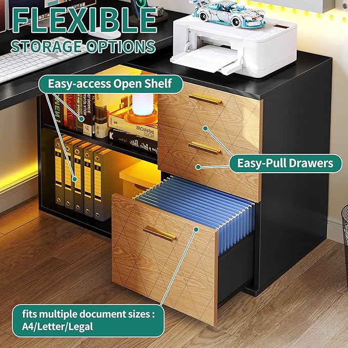 DWVO L Shaped Desk with Drawers, 59" Corner Computer Desk with Power Outlets & LED Lights, 360 Rotating Corner Desk Office Desk with Bookshelf, Wood Desk, Black - LeafyLoom