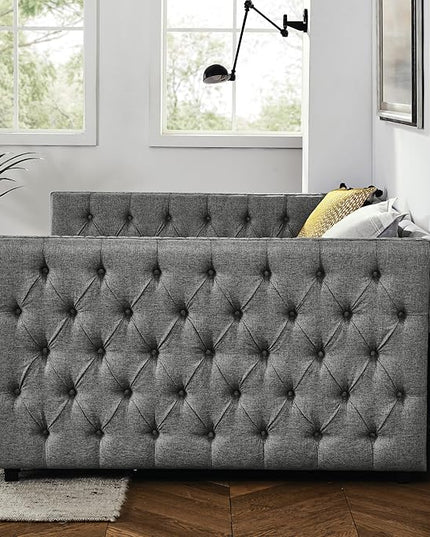 Full Size Upholstered Daybed, Pull Out with Two Storage Drawers, Solid Wood Frame Bed, Tufted Buttons and Copper Nails On Square Arms, for Bedrooms,Apartments - LeafyLoom