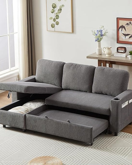 3 Seater Reversible Sleeper Sectional Sofa Bed with Storage Chaise Lounge and Cupholders, Corduroy Upholstered Convertible Sofabed Corner Couch,L Shaped Sofá for Living Room Office, Grey 78.5" - LeafyLoom