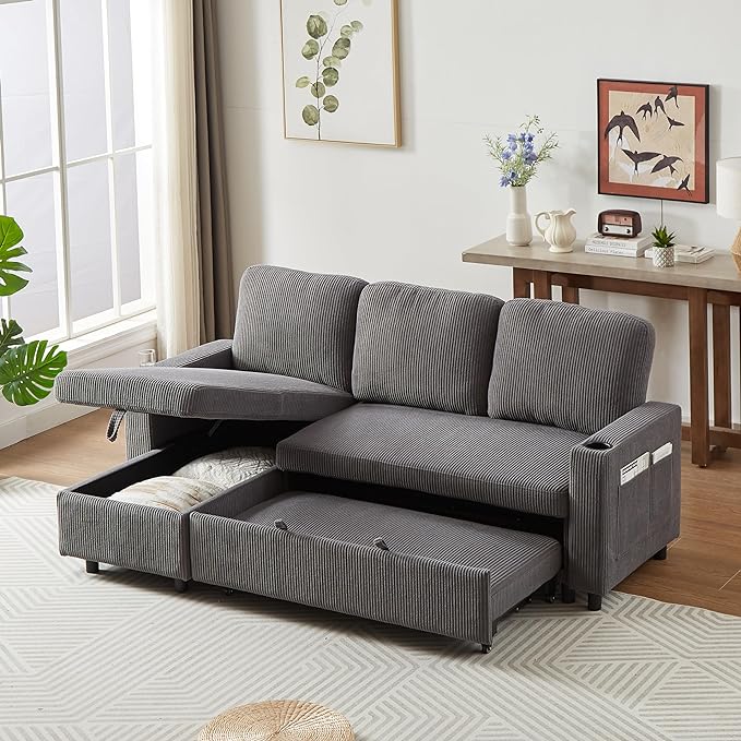 3 Seater Reversible Sleeper Sectional Sofa Bed with Storage Chaise Lounge and Cupholders, Corduroy Upholstered Convertible Sofabed Corner Couch,L Shaped Sofá for Living Room Office, Grey 78.5" - LeafyLoom