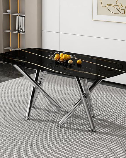 NicBex Large Modern Minimalist Rectangular Dining Table with 0.39 "Imitation Marble Black Tabletop and Silver Metal Legs for Kitchens, Living Rooms, Conference Rooms, and Banquet Halls, Black - LeafyLoom