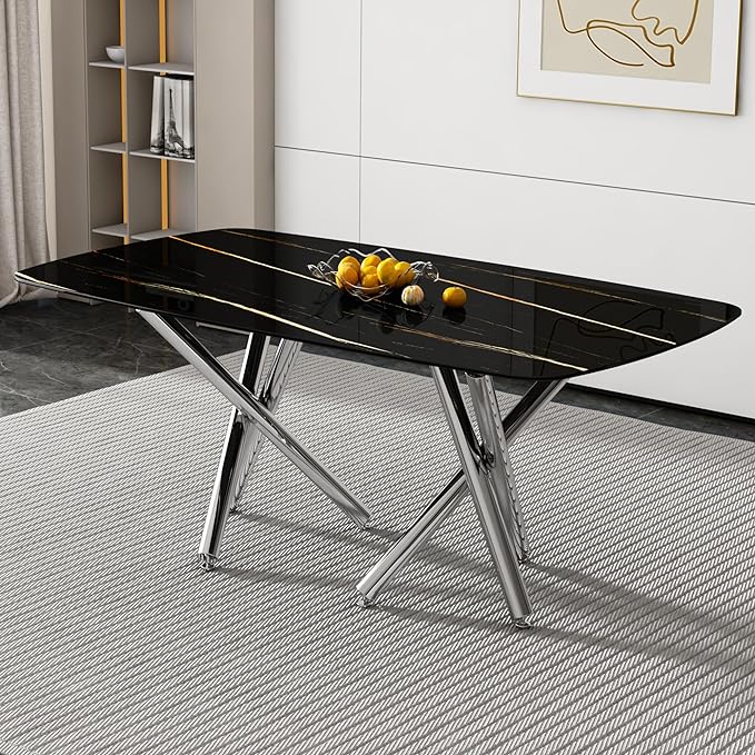 NicBex Large Modern Minimalist Rectangular Dining Table with 0.39 "Imitation Marble Black Tabletop and Silver Metal Legs for Kitchens, Living Rooms, Conference Rooms, and Banquet Halls, Black - LeafyLoom
