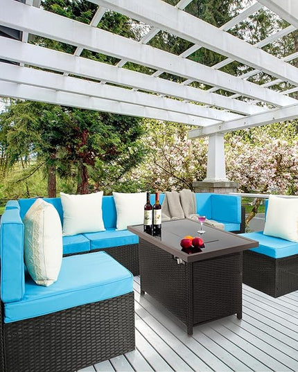 Pamapic 8 Pieces Patio Conversation Sets with fire Pit, Patio Furniture Sectional Sofa with Gas Fire Pit Table(Black Wicker,Blue Cushions) - LeafyLoom