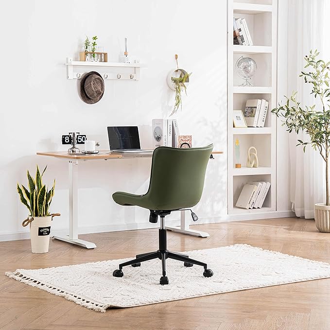 YOUNIKE Office Chair Swivel Desk Chair Upholstered Faux Leather Height Adjustable with Wheels Computer Task Chair Modern Rolling Armless with Back, Loads 300 lbs, Olive Green - LeafyLoom