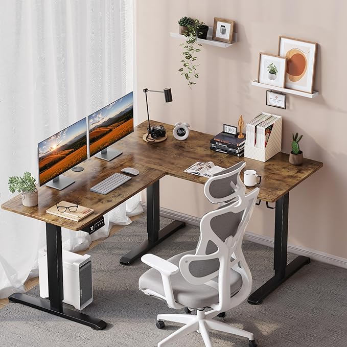 L-Shaped Electric Standing Desk, 63 x 48 Inches Height Adjustable Coner Table, Home Office Computer Workstation, Rustic Brown, 63 x 48 Inch - LeafyLoom