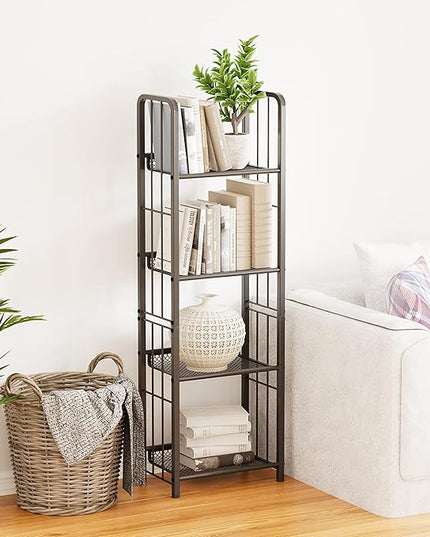 Bookshelf Vertical Storage Freestanding Storage Stand for Living Room, Bedroom, Kitchen, Rust Resistance, Easy Assemblyl Free CombinationMulti-Functional Organizer (4 Tiers, Black) - LeafyLoom