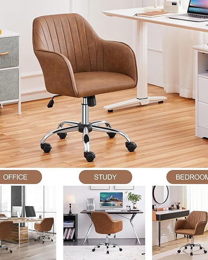 Yaheetech Modern Faux Leather Desk Chair Height Adjustable Task Chair Swivel Office Chair Makeup Chair Computer Chair Mid Back Chair Living Room Chairs with Arms Retro Brown - LeafyLoom