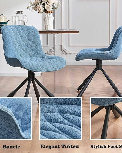 Mid Century Modern Dining Chairs Set of 2, Upholstered Dining Room Chairs with Sturdy Metal Legs, Boucle Armless Accent Side Chairs for Kitchen, Living Room, Lake Blue - LeafyLoom