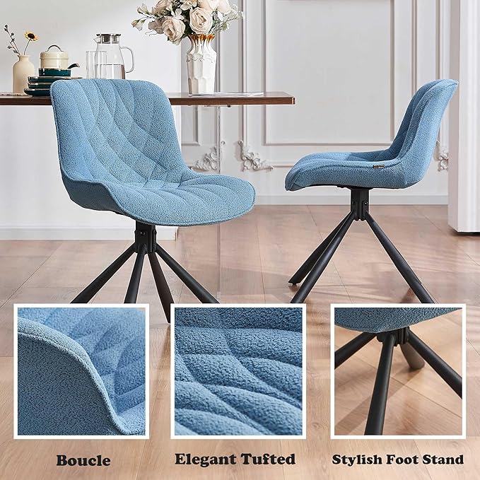 Mid Century Modern Dining Chairs Set of 2, Upholstered Dining Room Chairs with Sturdy Metal Legs, Boucle Armless Accent Side Chairs for Kitchen, Living Room, Lake Blue - LeafyLoom