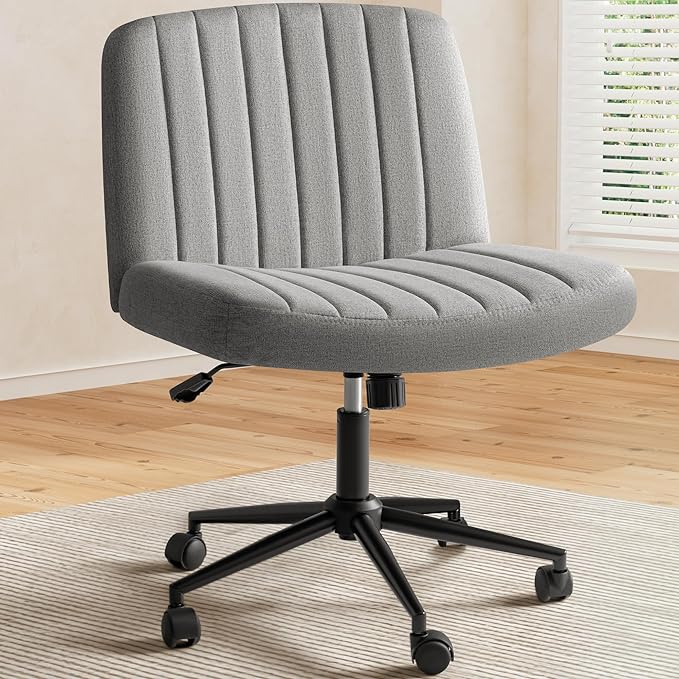 Criss Cross Legged Chair with Wheels, Armless Swivel Wide Padded Height Adjustable Fabric Home Office, Light Grey - LeafyLoom