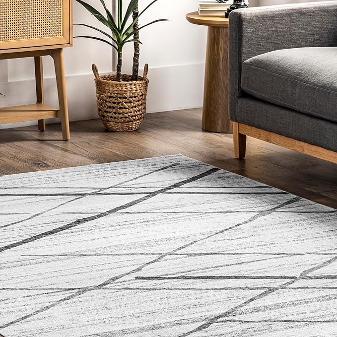 nuLOOM Trellis Stripes Machine Washable Ultra Thin Area Rug, 5' x 8', Light Grey - LeafyLoom