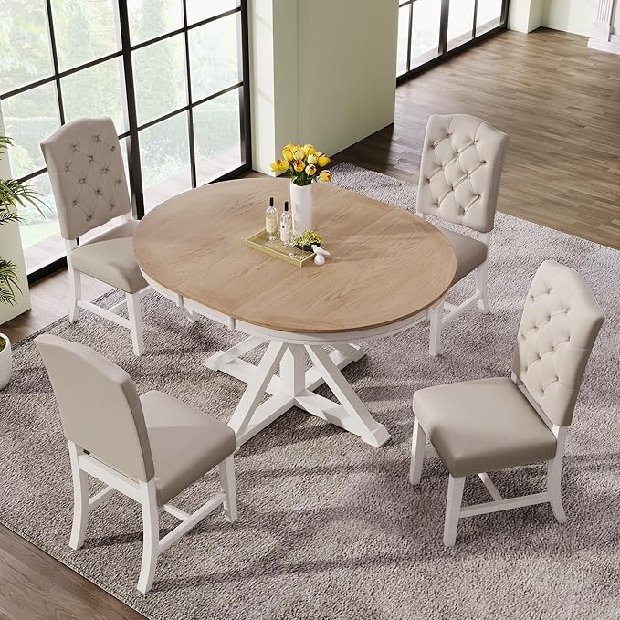 RITSU 5-Piece Retro Style Dinette Sets with Round Extendable Kitchen Dining Table, 4 Upholstered Chairs, for Diningroom Living Room, Easy to Assemble, Oak Natural Wood + OFF White - LeafyLoom