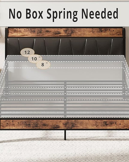 LIKIMIO Full Size Bed Frame, Storage Headboard with Charging Station, Solid and Stable, Noise Free, No Box Spring Needed, Easy Assembly (Vintage and Black) - LeafyLoom