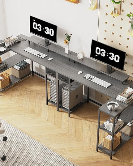 47 Inch L Shaped Desk Gaming Desk with LED Strip & Power Outlet, Reversible L-Shaped Computer Desk with Storage Shelf & Drawer, Corner Desk with Hook & Monitor Stands, Home Office Desk - LeafyLoom