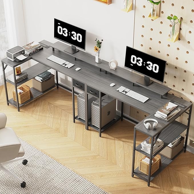 47 Inch L Shaped Desk Gaming Desk with LED Strip & Power Outlet, Reversible L-Shaped Computer Desk with Storage Shelf & Drawer, Corner Desk with Hook & Monitor Stands, Home Office Desk - LeafyLoom