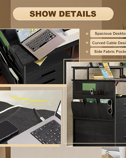 Computer Desk with 3 File Cabinet Drawers, 57.8'' Reversible Gaming Desk, Office Desk with Storage Shelves and Dual Monitor Stand for Home & Office (Black) - LeafyLoom