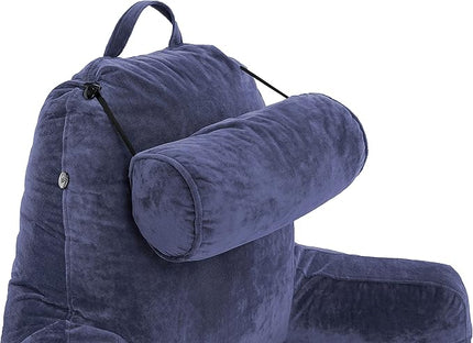 Husband Pillow XXL Dark Blue Backrest with Arms - Adult Reading Pillow Shredded Memory Foam, Ultra-Comfy Removable Microplush Cover & Detachable Neck Roll, Unmatched Support Bed Rest Sit Up Pillow - LeafyLoom