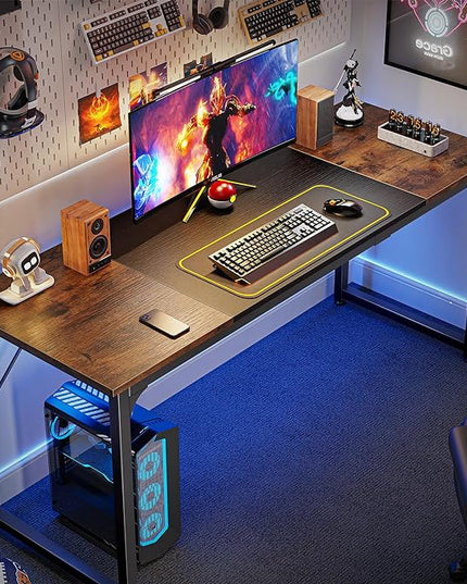 Computer Desk, 63 Inch Office Desk, Gaming Desk with Storage, Writing Desk Work Desk for Home Office, Study, Modern Simple Desk, Large Legroom, Metal Frame, Rustic Brown and Black - LeafyLoom