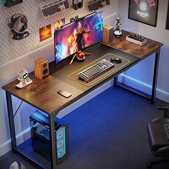 Computer Desk, 63 Inch Office Desk, Gaming Desk with Storage, Writing Desk Work Desk for Home Office, Study, Modern Simple Desk, Large Legroom, Metal Frame, Rustic Brown and Black - LeafyLoom