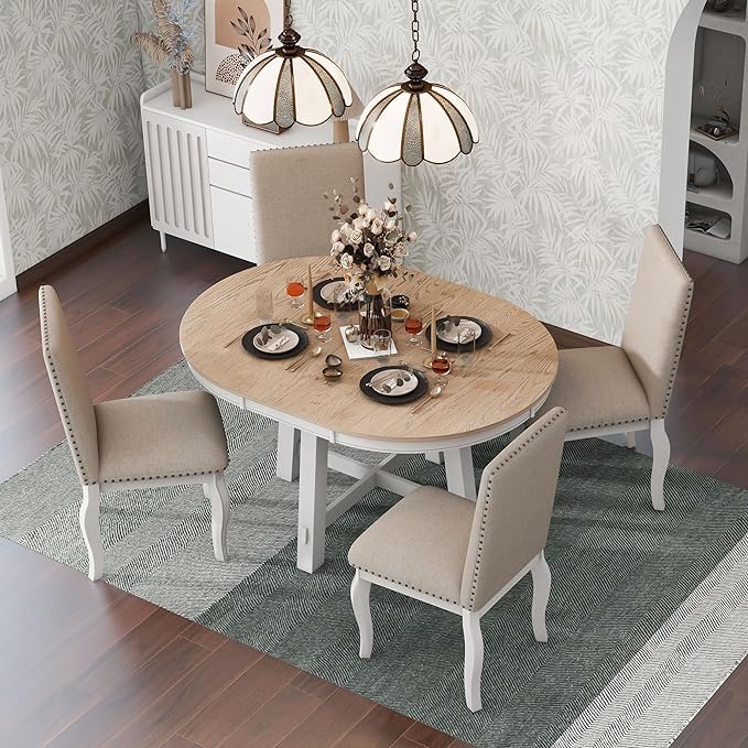 NicBex Round Dining Table Dining Room Set 5-Piece Farmhouse Dining Table Set Wood Round Extendable Dining Table and 4 Upholstered Dining Chairs for Set, Oak Natural Wood + Antique White - LeafyLoom
