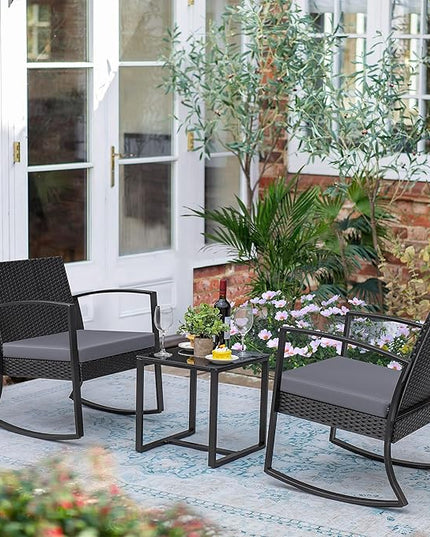 Greesum 3 Pieces Outdoor Furniture Set Patio Bistro Rocking Chairs with Glass Coffee Table for Pool Beach Backyard Balcony Porch Deck Garden, Gray - LeafyLoom
