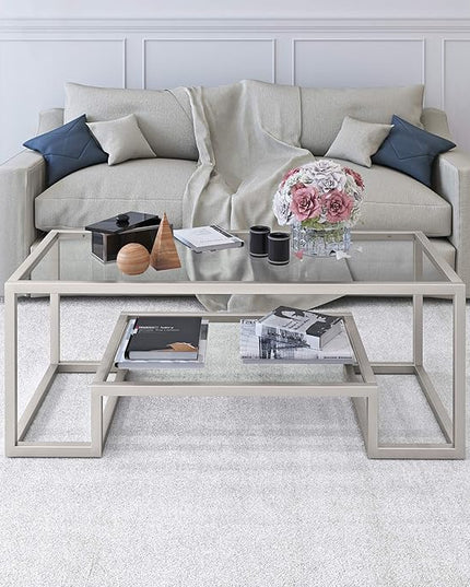 Henn&Hart 45" Wide Rectangular Coffee Table in Satin Nickel, Modern coffee tables for living room, studio apartment essentials - LeafyLoom