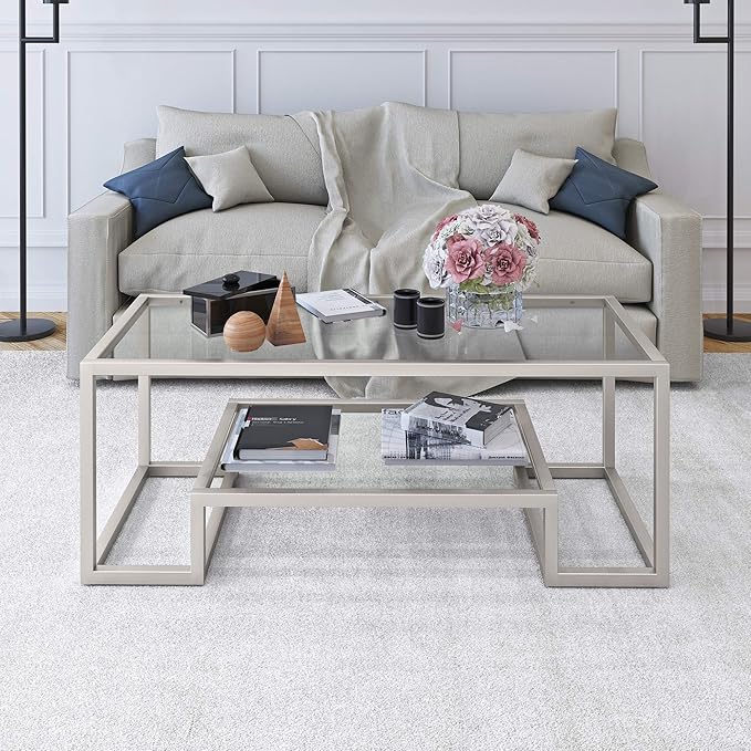 Henn&Hart 45" Wide Rectangular Coffee Table in Satin Nickel, Modern coffee tables for living room, studio apartment essentials - LeafyLoom
