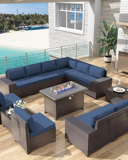 13PCS Patio Furniture Sectional Sofa Set PE Rattan Patio Conversation Set w/43in Gas Fire Pit Table, Outdoor Furniture with 55000 BTU Propane Fire Pit, Navy Blue - LeafyLoom