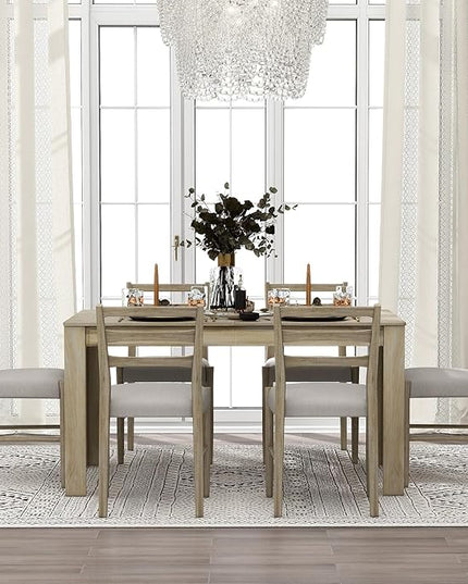 RITSU SONGG 7 Piece Modern Wooden Dining Set, Include Multifunctional Extendable Table with 12” Leaf and 2 Drawers & 6 Soft Cushion Chairs, for Diningroom, Living Room, Natural Wood Wash - LeafyLoom