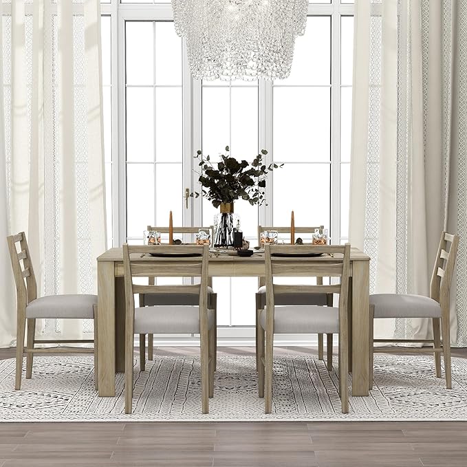 RITSU SONGG 7 Piece Modern Wooden Dining Set, Include Multifunctional Extendable Table with 12” Leaf and 2 Drawers & 6 Soft Cushion Chairs, for Diningroom, Living Room, Natural Wood Wash - LeafyLoom