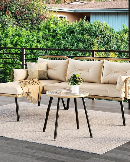 YITAHOME L-Shaped Patio Furniture Outdoor Loveseat Sectional Set for Backyard, Porch with Thick Cushions Detachable Lounger, Side Table (Light Brown+Beige) - LeafyLoom