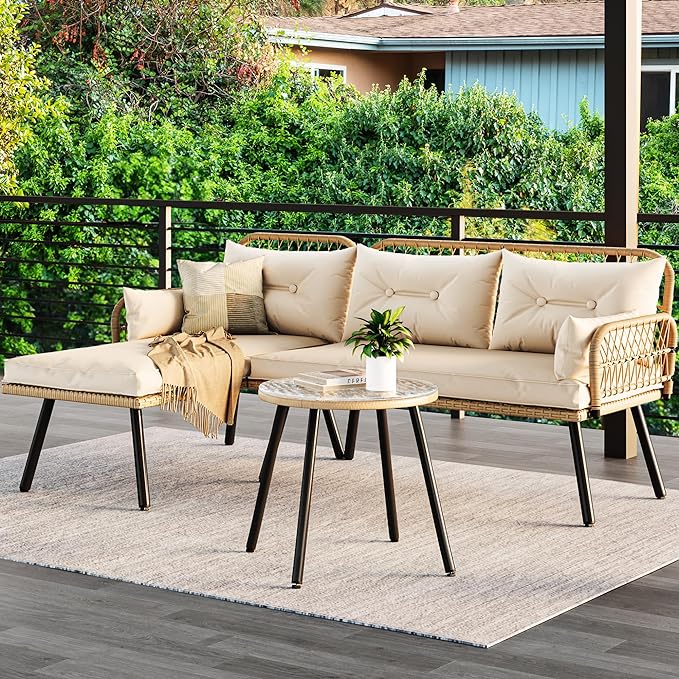 YITAHOME L-Shaped Patio Furniture Outdoor Loveseat Sectional Set for Backyard, Porch with Thick Cushions Detachable Lounger, Side Table (Light Brown+Beige) - LeafyLoom