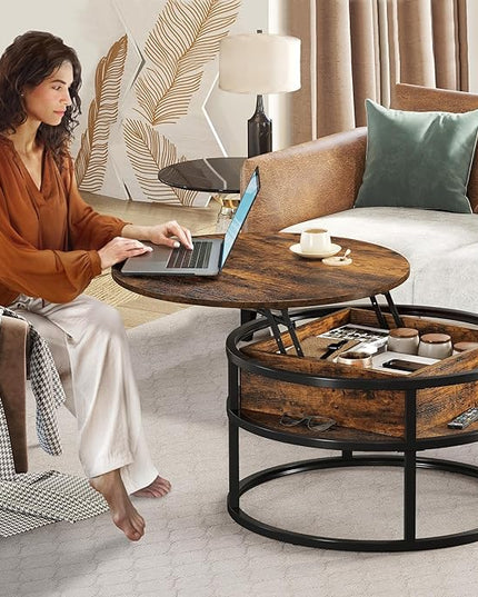 YITAHOME Round Lift Top Coffee Table, Coffee Tables for Living Room with Hidden Storage Compartment, Modern Coffee Table with Storage for Home Office,Round Center Tables Living Room,Rustic Brown - LeafyLoom