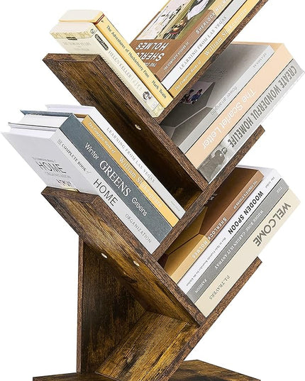 Hoctieon 4 Tier Tree Bookshelf, 4 Shelf Bookcase, Modern Book Storage, Free Standing Tree Bookcase, Utility Organizer Shelves for Home Office, Living Room, Bedroom, Rustic Brown - LeafyLoom