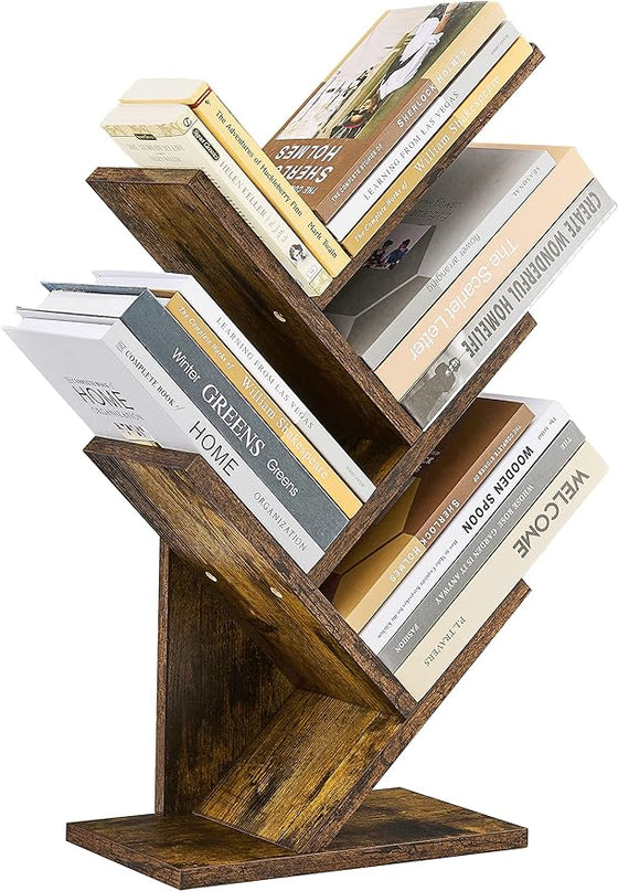 Hoctieon 4 Tier Tree Bookshelf, 4 Shelf Bookcase, Modern Book Storage, Free Standing Tree Bookcase, Utility Organizer Shelves for Home Office, Living Room, Bedroom, Rustic Brown - LeafyLoom