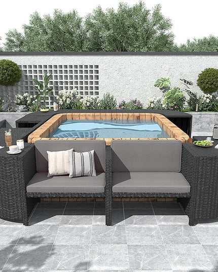 Outdoor Spa Surround Set Patio Furniture with Storage Space, Wood Seatings and Waterproof Cushions, Quadrilateral Rattan Sectional Sofa, for Backyard Deck Poolside, Onesize, Grey - LeafyLoom