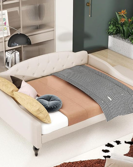 Full Size Upholstered Daybed,Linen Sofa Bed with Button Tufted Back & Nailhead Decorated Waved Shape Arms,Slat Support,No Spring Box Need,Bedframe for Bedroom Livingroom Small Space,Beige - LeafyLoom