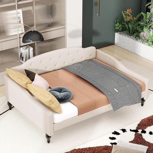 Full Size Upholstered Daybed,Linen Sofa Bed with Button Tufted Back & Nailhead Decorated Waved Shape Arms,Slat Support,No Spring Box Need,Bedframe for Bedroom Livingroom Small Space,Beige - LeafyLoom