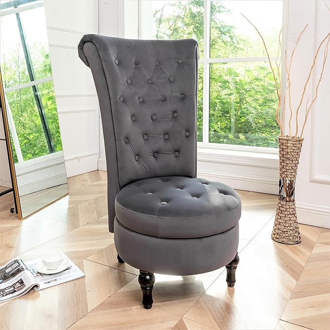Royal Velvet Accent Chair for Vanity with Storage and Luxurious Upholstery, Retro Design and Versatile Usage for Living Room, Bedroom, Lounge and Office, Grey - LeafyLoom