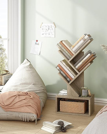 Hoctieon 3 Tier Tree Bookshelf, Modern Bookcase with Drawer, Freestanding Book shelf, Display Floor Standing Storage Shelf, Book Organizer Shelves for Home Office, Living Room, Bedroom, Greige - LeafyLoom