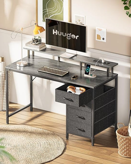 47 Inch Computer Desk with Power Outlets and LED Lights, Gaming Desk with 4 Drawers, Office Desk with Monitor Stand, Study Desk Work Desk for Home Office, Small Spaces, Gray - LeafyLoom