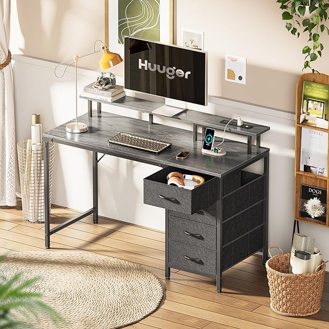 47 Inch Computer Desk with Power Outlets and LED Lights, Gaming Desk with 4 Drawers, Office Desk with Monitor Stand, Study Desk Work Desk for Home Office, Small Spaces, Gray - LeafyLoom