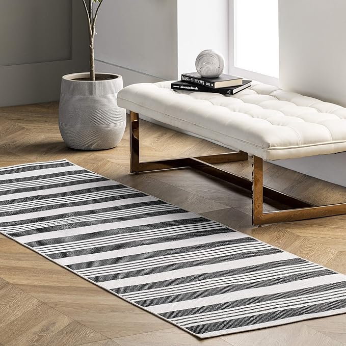 nuLOOM Lena Machine Washable Striped Ultra Thin Runner Rug, 2' 6" x 10', Grey - LeafyLoom