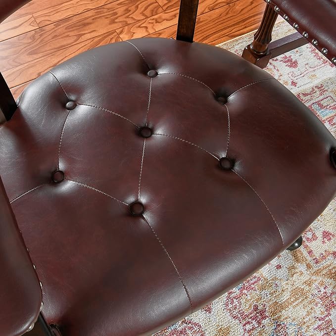 Dining Chairs with Casters and Arm, Large Rolling Dining Chairs with Wheel, Poker Table Chairs, Boss Caption's Chairs, 26"D x 25.2"W x 31.5"H, Espresso Legs & Wine Red Brown PU, XXY-1910-WR - LeafyLoom