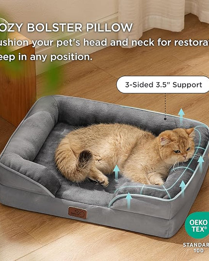 Bedsure Cat Beds for Indoor Cats - Washable Bolster Dog Sofa Beds for Extra Small Dogs, Supportive Foam Pet Couch Bed with Removable Washable Cover, Waterproof Lining and Nonskid Bottom, Grey BEDSURE