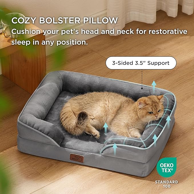 Bedsure Cat Beds for Indoor Cats - Washable Bolster Dog Sofa Beds for Extra Small Dogs, Supportive Foam Pet Couch Bed with Removable Washable Cover, Waterproof Lining and Nonskid Bottom, Grey BEDSURE